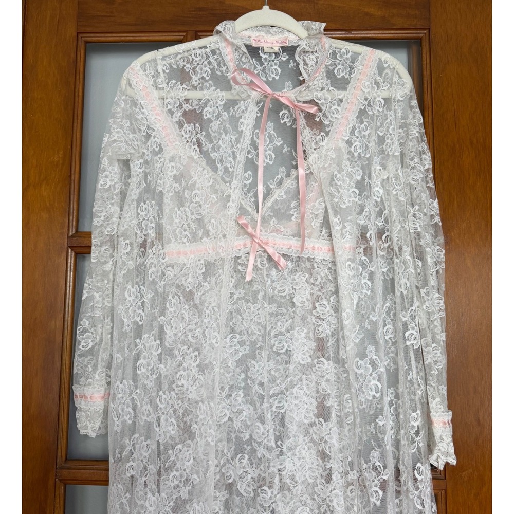 70s Vintage Wedding Night Sheer Floral Lace Robe Gown Set White Peignoir SMALL
